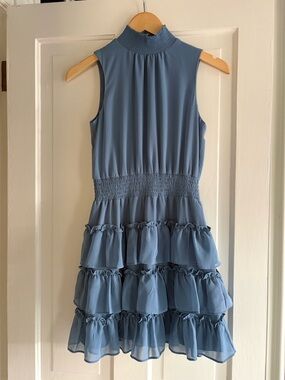 1. State Sleeveless Smocked Neck Tiered Ruffle Dress in Dusty Blue